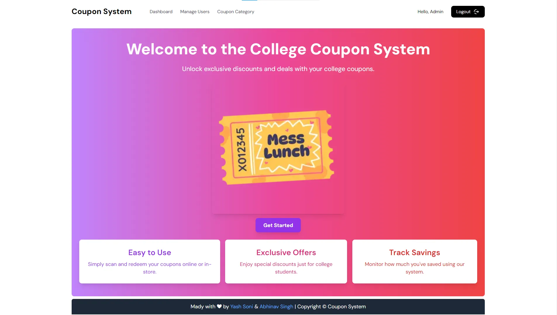 Coupon Management System Coupon Management System — screenshot of the project built by Abhinav Singh