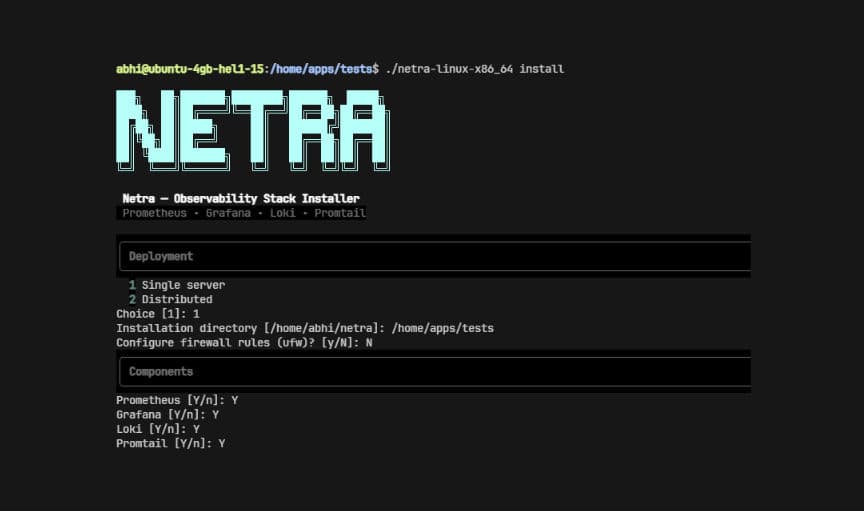 Netra - Observability Stack Deployment CLI Netra - Observability Stack Deployment CLI - Featured project image in Developer Tools
