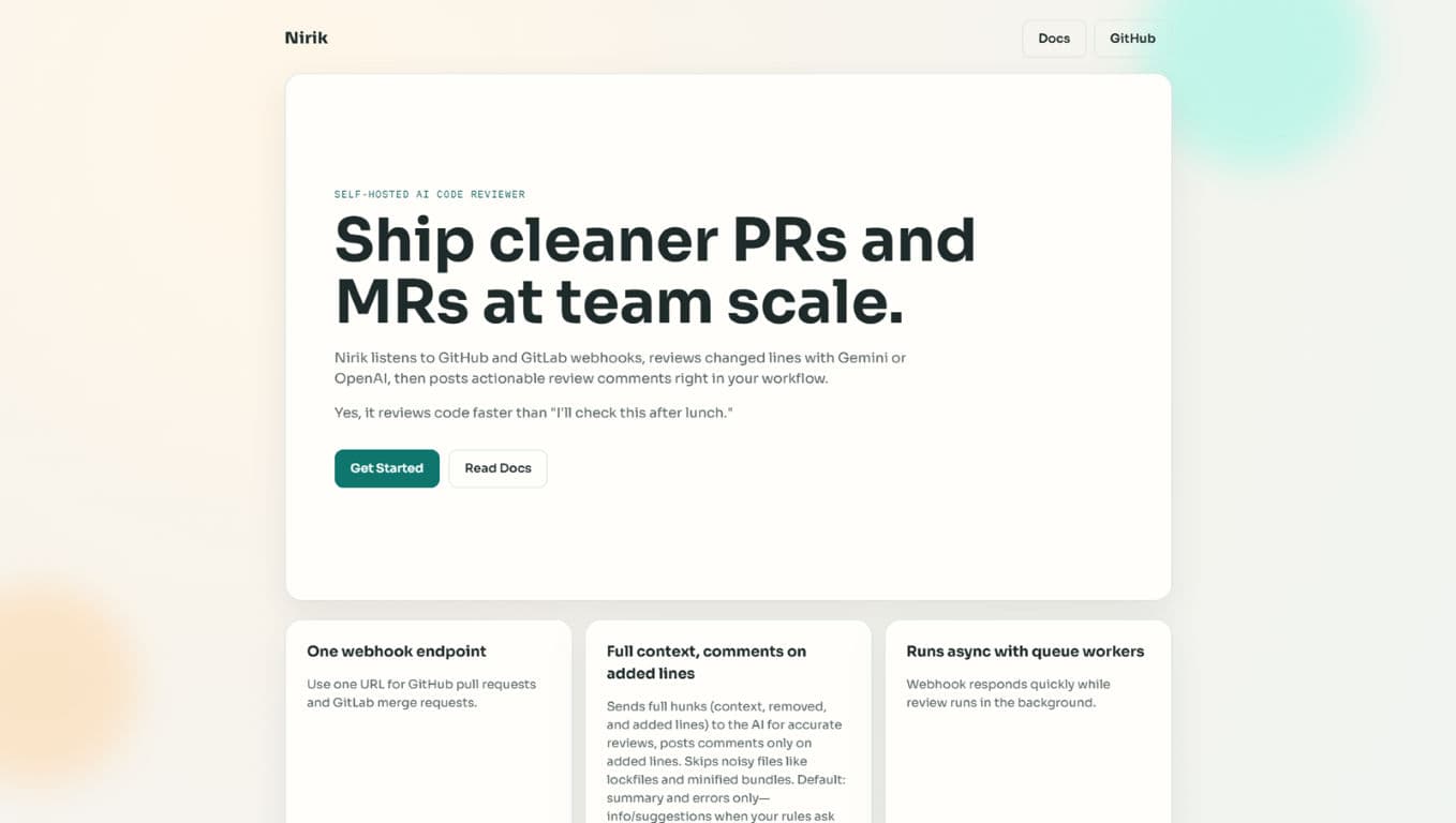 Nirik - Automated Pull Request Review Assistant Nirik - Automated Pull Request Review Assistant - Featured project image in Developer Tools