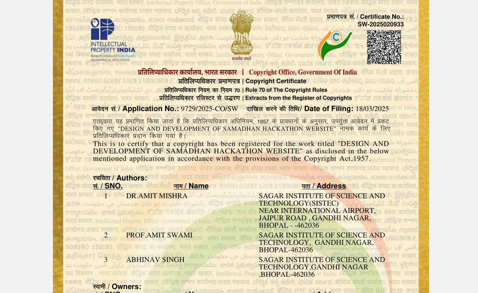Samadhan 2.0 Website Copyrighted Samadhan 2.0 Website Copyrighted - Achievement image showing Secured official copyright from the Government of India for the Samadhan 2.0 website. This recognition highlights originality, creativity, and the impact of my work in building a platform that supports innovation and collaboration. #Copyright #Innovation πβ¨
